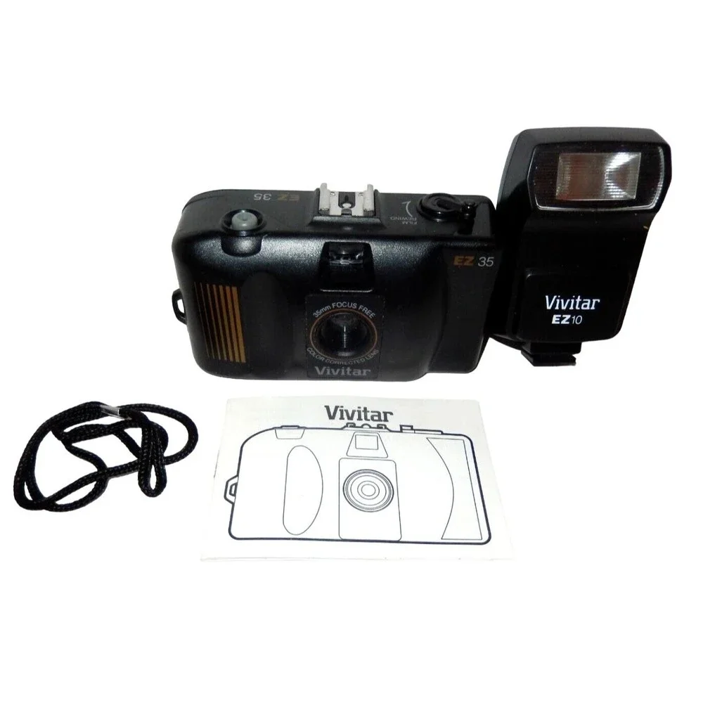 Vivitar EZ35 35mm Film Camera Point & Shoot Focus Free & EZ10 Flash Unit TESTED